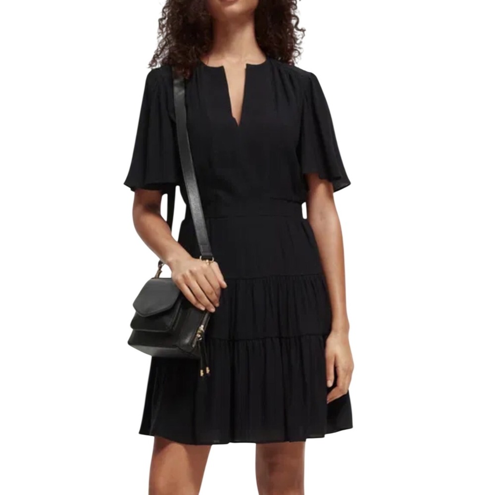 Scotch & Soda Tiered Mini Dress Women Med Black Excellent Crinkle Flutter Sleeve